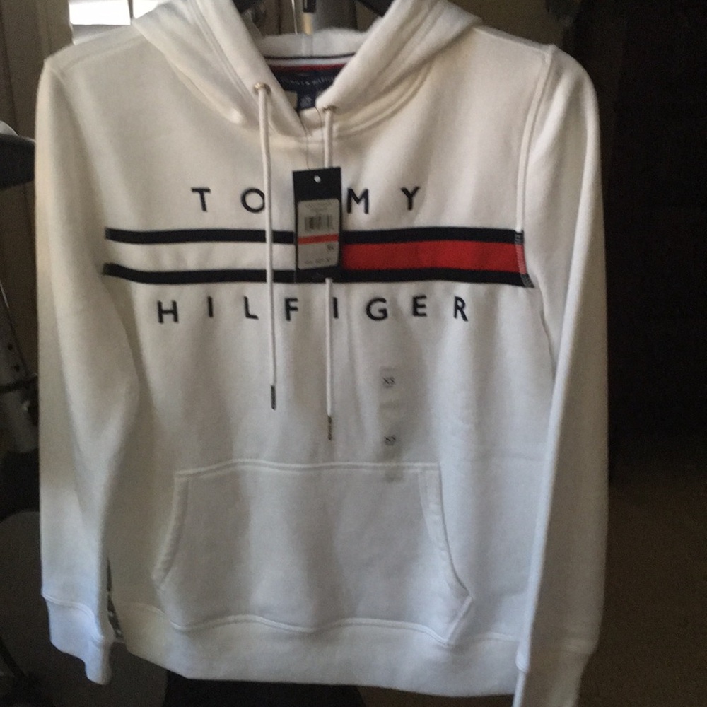 Tommy Hilfiger Men's White Hoodie with Signature Stripe